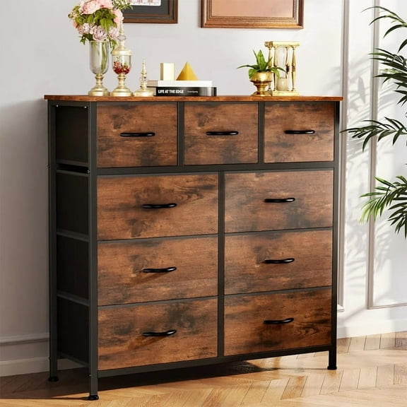 Bigleap 9 Drawer Dresser, Fabric Storage Tower Organizer with Wood Top and Steel Frame for Bedroom, Closet, Hallway, Entryway,Brown