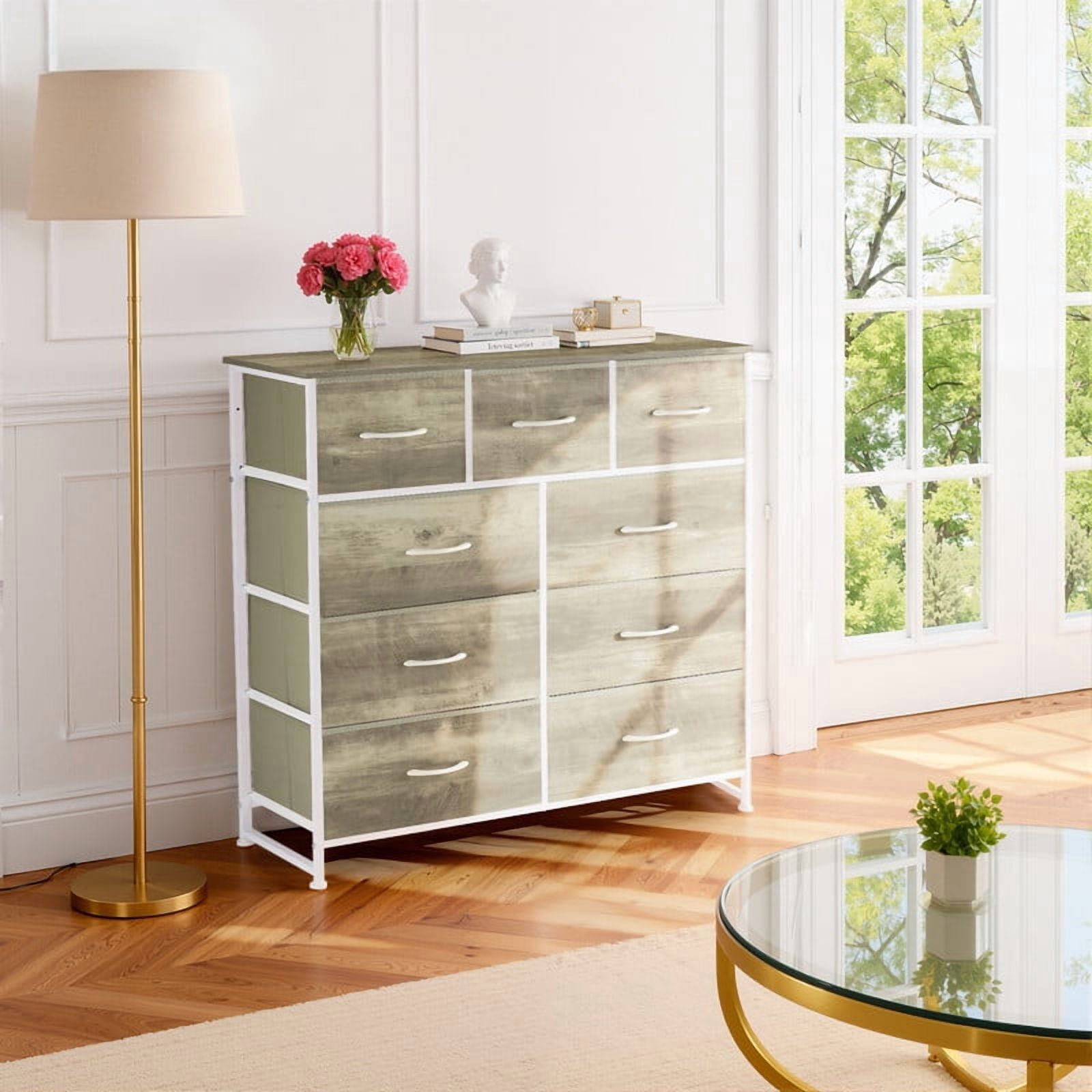 Bigleap 9 Drawers Dresser for Bedroom, Fabric Dresser with Sturdy Steel Frame, Wooden Top & Easy Pull Fabric Bins,Oak