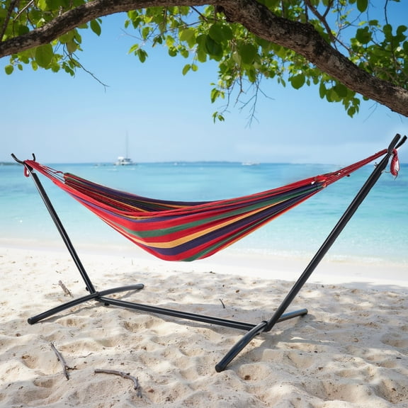 Bigleap Double Hammock with Steel Stand Heavy Duty Standing Hammocks 450lb Capacity with Portable Carrying Bag, Red
