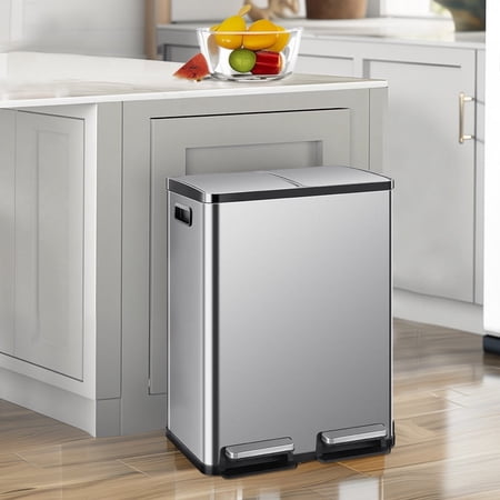 Nextay Dual Compartment Trash Can, 60L/16Gal Stainless Steel Kitchen Garbage Bin with Soft-Close Foot Pedal, Smudge-Proof Rectangular Recycling Can for Home Office,Silver