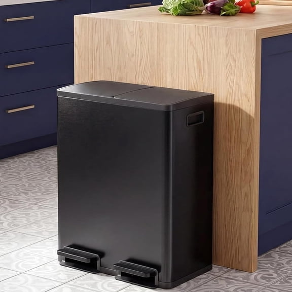 Nextay Dual Compartment Trash Can, 60L/16Gal Stainless Steel Kitchen Garbage Bin with Soft-Close Foot Pedal, Smudge-Proof Rectangular Recycling Can for Home Office,Matte Black