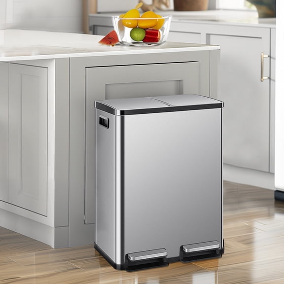 Bigleap Dual Compartment Trash Can, 60L/16Gal Stainless Steel Kitchen Garbage Bin with Soft-Close Foot Pedal, Smudge-Proof Rectangular Recycling Can for Home Office,Silver