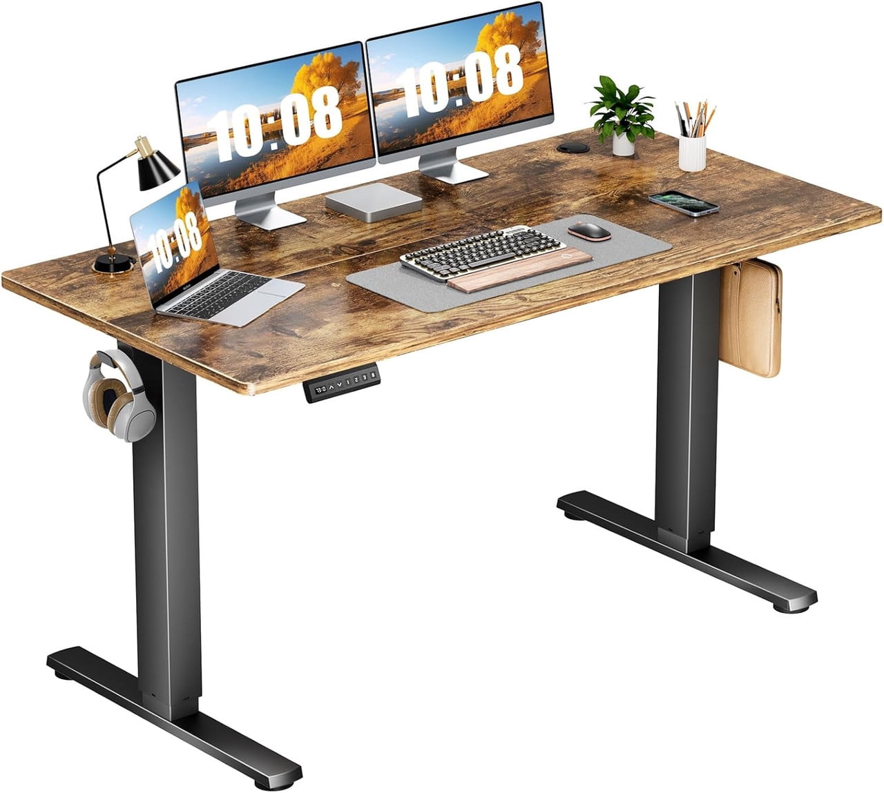 Bigleap Electric Standing Desk 40x24 Inches, Sit Stand Up Desk with 3 Memory Presets, Splice Wood Board, Home Office Computer Workstation (Brown)