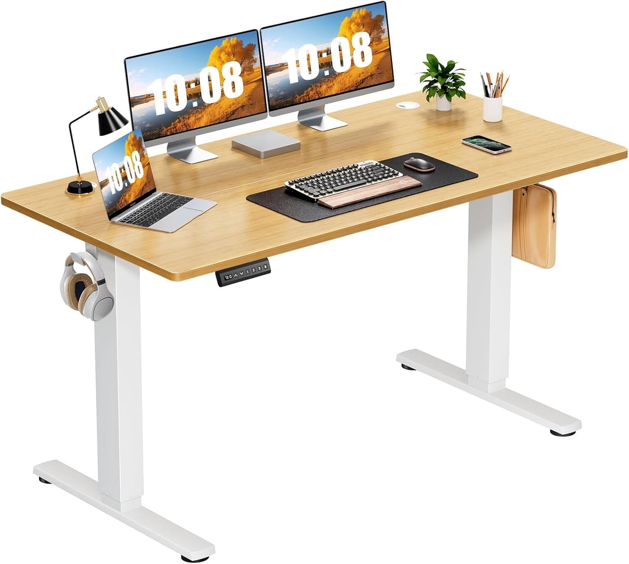 Bigleap Electric Standing Desk 63x24 Inches, Sit Stand Up Desk with 3 Memory Presets, Splice Wood Board, Home Office Computer Workstation (Wood)