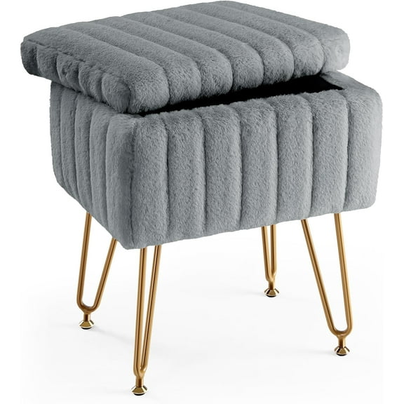 Bigleap Ottoman Vanity Stool Chair with Storage, Modern Style Faux Fur Seat with 4 Metal Legs & Non-slip Feet for Living Room, Bedroom, Gray