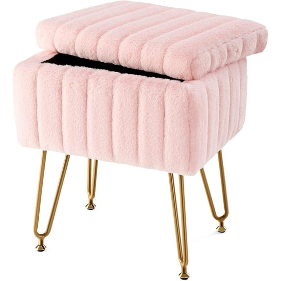 Bigleap Ottoman Vanity Stool Chair with Storage, Modern Style Faux Fur Seat with 4 Metal Legs & Non-slip Feet for Living Room, Bedroom, Pink