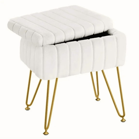 Bigleap Ottoman Vanity Stool Chair with Storage, Modern Style Faux Fur Seat with 4 Metal Legs & Non-slip Feet for Living Room, Bedroom, White