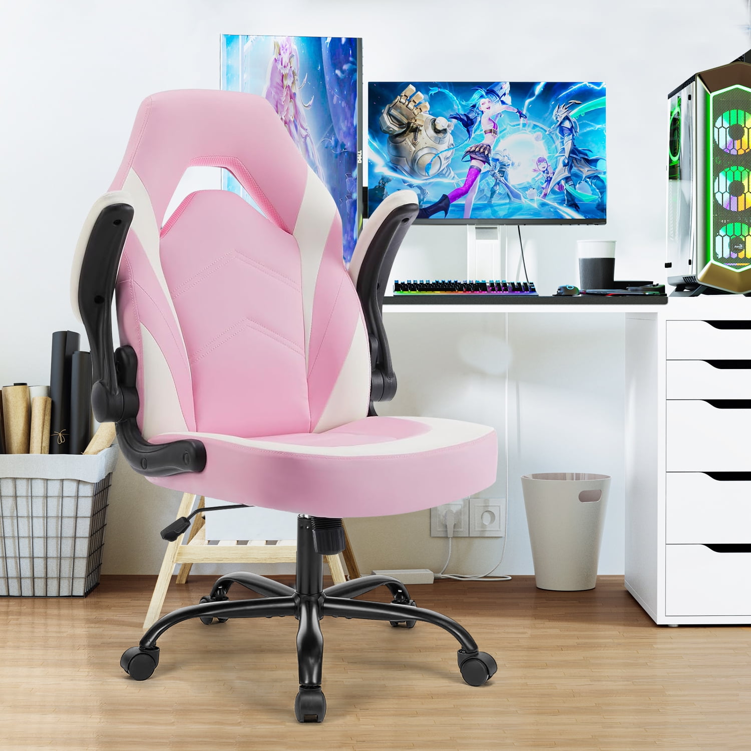Bigleap Gaming Chair, Ergonomic Office Leather Racing Chair with Flip-up Armrest, White Pink