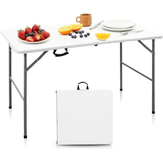 Bigleap Heavy Duty Folding Table, 4ft Portable HDPE Plastic Table with Carry Handle for Camping, Parties, and Indoor Outdoor Use – Quick Setup, Easy Clean, White