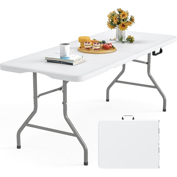 Bigleap Heavy Duty Folding Table, 6ft Portable HDPE Plastic Table with Carry Handle for Camping, Parties, and Indoor Outdoor Use – Quick Setup, Easy Clean, White