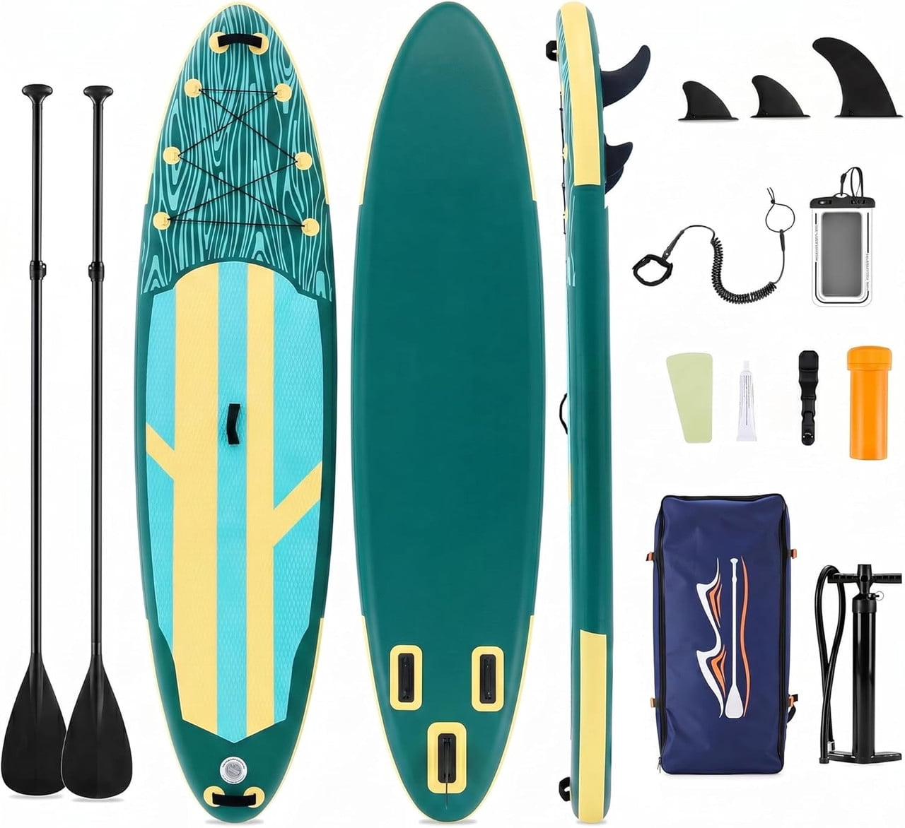 Bigleap Inflatable Stand Up Paddle Board, 400lbs Capacity 2-in-1 Paddle with Non-Slip Deck, Complete SUP Kit with Paddle, Pump, Backpack & Phone Case,Blue Green