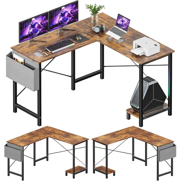 Bigleap L Shaped Computer Desk - Gaming Table Corner Desk 50 Inch PC White Writing Desk Study Desks with Wooden Desktop CPU Stand Side Bag Reversible for Home Office Room Small Space, Brown