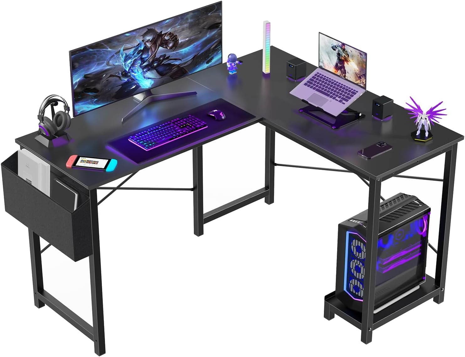 Bigleap L Shaped Computer Desk - Gaming Table Corner Desk 50 Inch PC White Writing Desk Study Desks with Wooden Desktop CPU Stand Side Bag Reversible for Home Office Room Small Space，Black