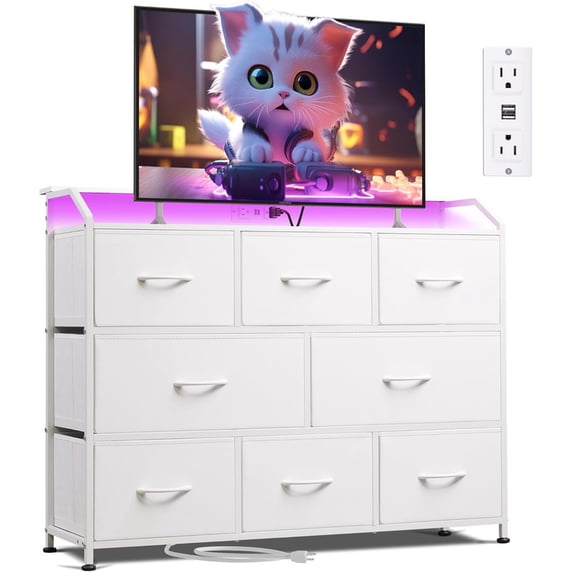 Bigleap LED TV Stand 8-Drawer Dresser with Charging Station, Fabric Chest of Drawers for Bedroom, Living Room, Hallway & Entryway, White
