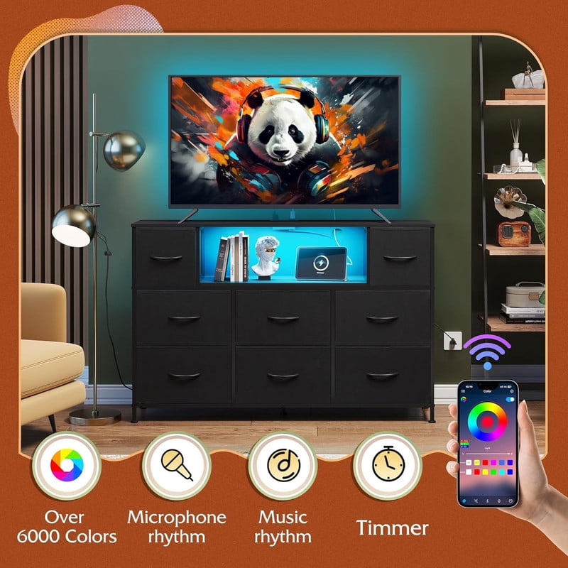 Bigleap LED TV Stand with Charging Station, Music-Sync Light Up Entertainment Center, 8 Fabric Drawer Dresser for Bedroom & Living Room, Black(Fits 45-55 inch TV)