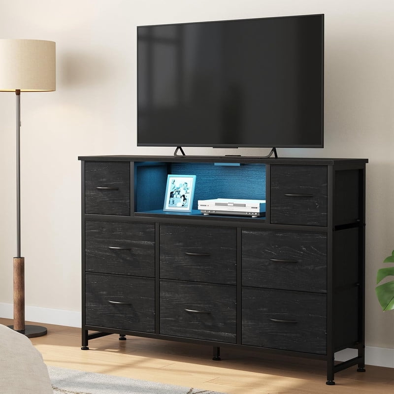 Bigleap LED TV Stand with Charging Station, Music-Sync Light Up Entertainment Center, 8 Fabric Drawer Dresser for Bedroom & Living Room, Black Wood(Fits 45-55 inch TV)
