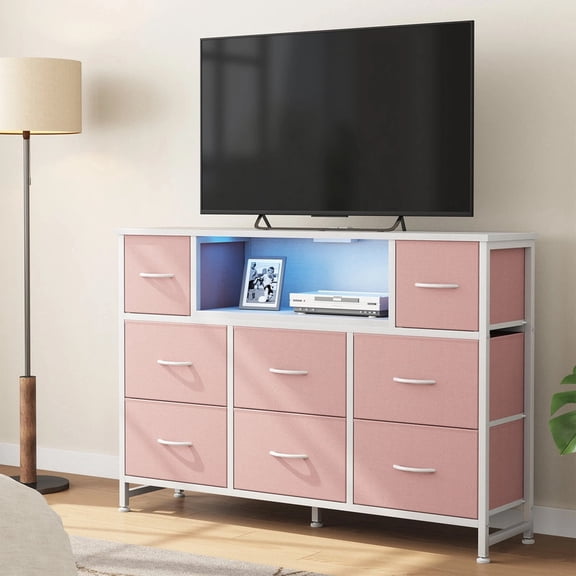 Bigleap LED TV Stand with Charging Station, Music-Sync Light Up Entertainment Center, 8 Fabric Drawer Dresser for Bedroom & Living Room, Pink(Fits 45-55 inch TV)
