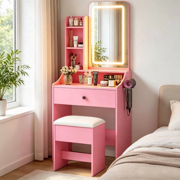 Nextay Makeup Vanity with Lights, 3-Color LED Mirror & Power Outlet, Beauty Station with Drawers for Bedroom (Pink)