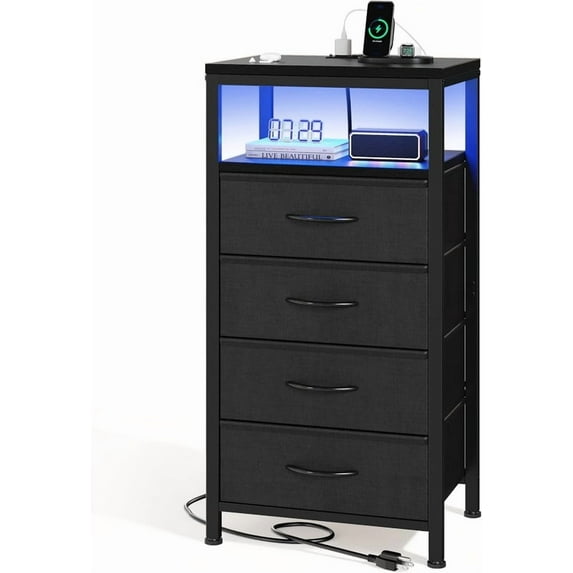 Bigleap Nightstand with Charging Station, 4-Drawer Bedside Table with USB/Type-C Ports, AC Outlets & LED Light Strip, Adjustable Feet, Black