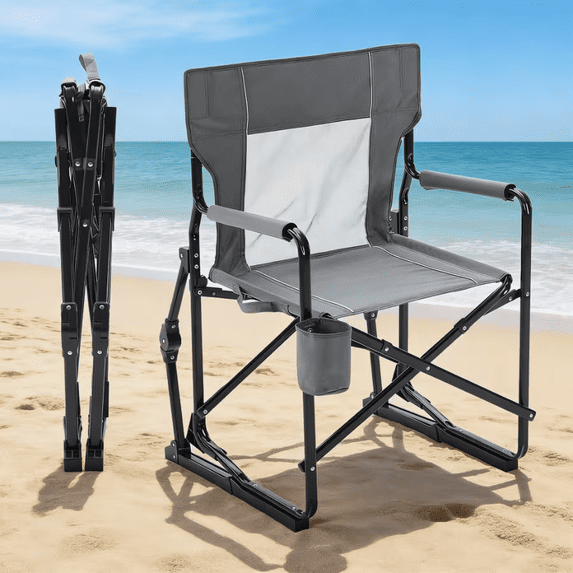 Bigleap Rocker Camping Chair, Portable Folding Rocking Chair with Solid, Durable Armrests, Drink Holder & Comfortable Mesh Backrest — Gray