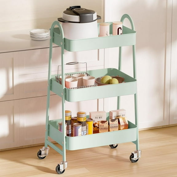 Bigleap Rolling Utility Cart, 3-Tier Metal Storage Trolley with Handle and Lockable Wheels, Multifunctional Organizer for Office, Kitchen, Living Room, Bathroom,Green