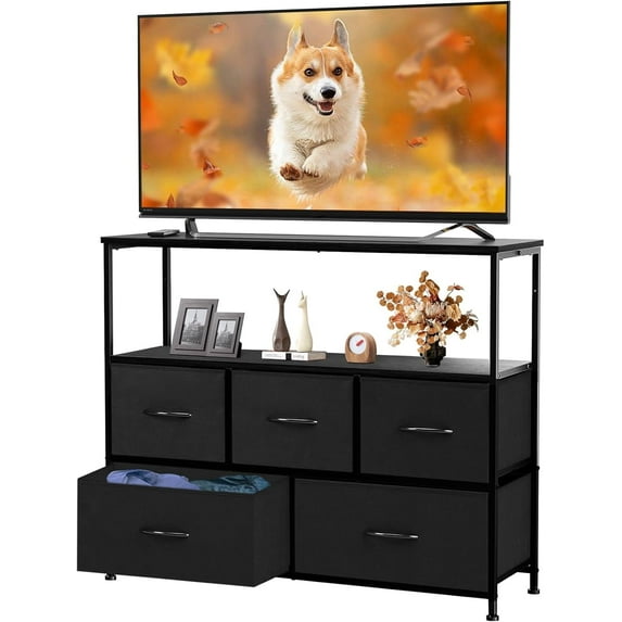 Bigleap TV Stand for Bedroom, TV Dresser for 45 inches, Media Console Table, Entertainment Center with 5 Fabric Drawers Cabinet and Open Storage Shelf Furniture Cabinet for Living Room, Black
