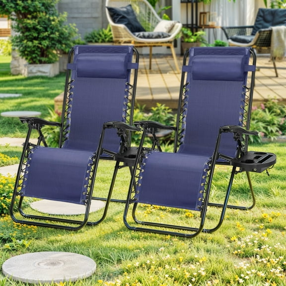 Bigleap Zero Gravity Chairs, Set of 2 Portable Recliner Beach Camping Patio Outdoor Folding Lounge Chair with Cup Holder Trays and Adjustable Pillow for Poolside, Garden, Backyard, Lawn , Blue
