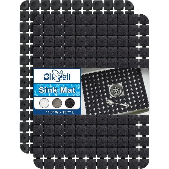 Bligli 2-Pack Sink Mats - 15.7"x11.8" Non-Slip PVC Liners, Quick-Dry Kitchen Protector for Stainless Steel/Ceramic, Dish Drying Mat (Black)