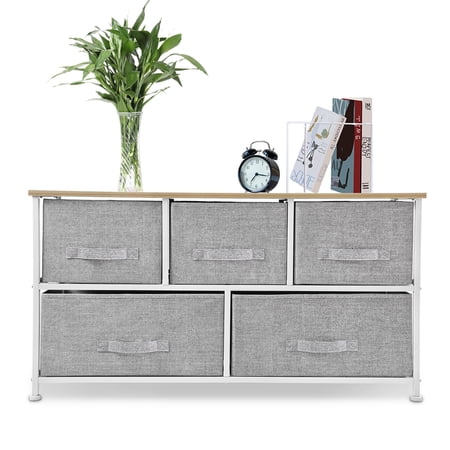 Bigroof 5 Drawer Dresser Storage Organizer, Fabric Drawers Closet Shelves for Bedroom Steel Frame Wood Top with Fabric Bins for Clothing Blankets Plush Toy (Light Grey-5 Drawers)