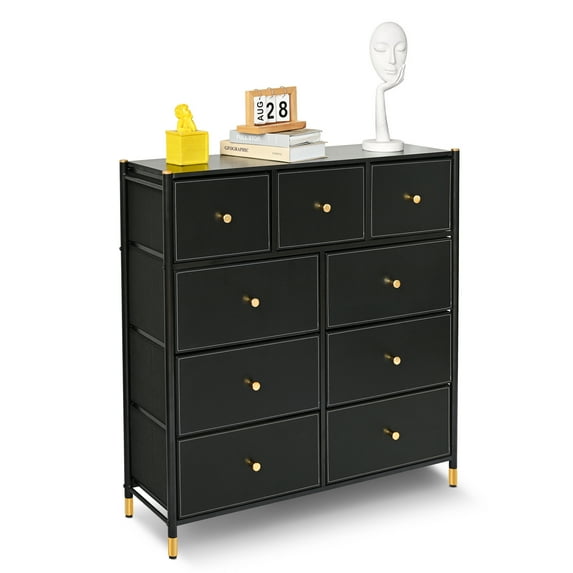 Bigroof 9 Drawers Dresser for Bedroom, Tall Dressers with PU Leather Surface, Wood Top and Metal Frame, Large Dressers & Chest of Drawers, Closets, Nursery, Living Room, Luxury Black