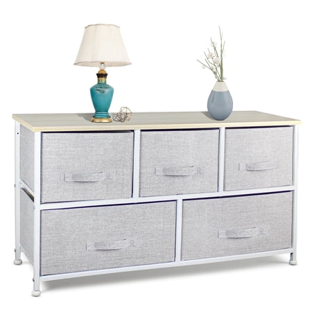 Bigroof Chest of Drawers Fabric Dresser for Bedroom with 5 Drawers Storage Organizer for Closet Nursery Steel Frame Gray
