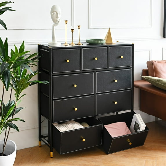Bigroof Dresser for Bedroom with 9 Drawers, Black Dresser for Closet, Living Room, TV Stand, Nursery, Chest of Drawers with Sturdy Steel Frame,PU Leather Finish, Wood Top (Luxury Black)