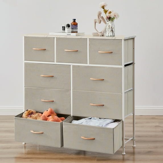 Bigroof Dresser for Bedroom with 9 Drawers, Clothes Drawer Fabric Closet Organizer, Cloth Dresser with Metal Frame and Wood Tabletop Chest Storage Tower for Closet, Nursery, Living Room, Entryway
