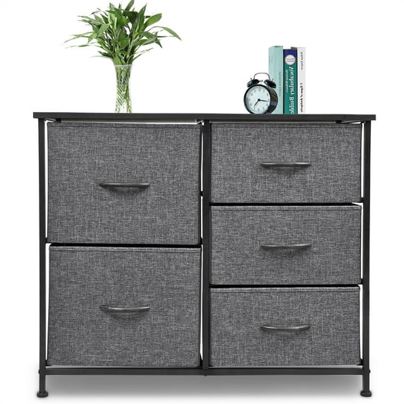 Bigroof Dresser Storage Organizer, Fabric Drawers Closet Shelves for Bedroom Bathroom Laundry Steel Frame Wood Top with Fabric Bins for Clothing Blankets Plush Toy (Dark Grey-5 Drawers Black Handle)