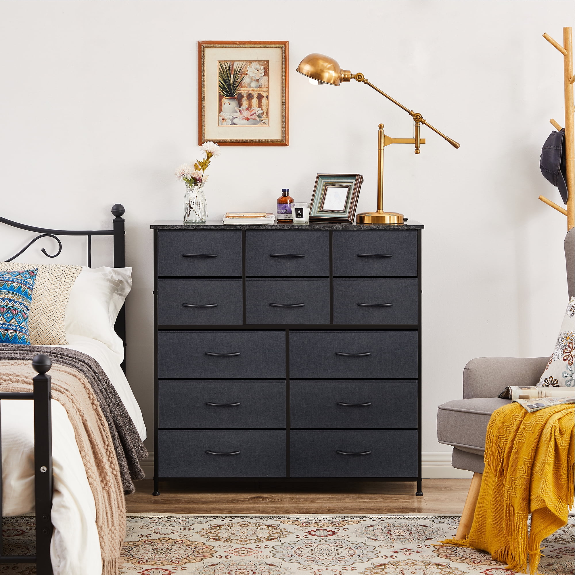Bigroof Dresser for Bedroom Fabric Storage Tower 12 Drawer Black Dresser with Wood Top Sturdy Steel Frame Storage Organizer Unit for Closet Entryway