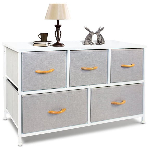 Bigroof Fabric 5 Drawer Dresser with Wooden Handle - Storage Tower with Large Capacity for Bedroom, Living Room Closets - Steel Frame Wooden Top with Fabric Bins for Clothing Blankets Gray
