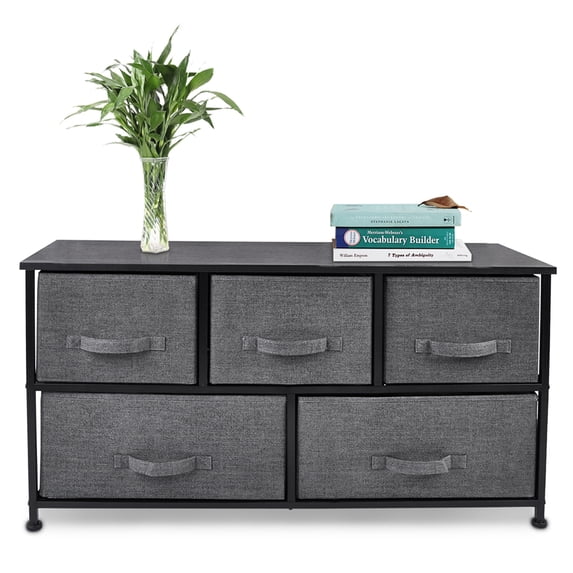 Bigroof Fabric Drawer Dresser, Dark Grey, 5 Drawers, Steel Frame, Wood Top