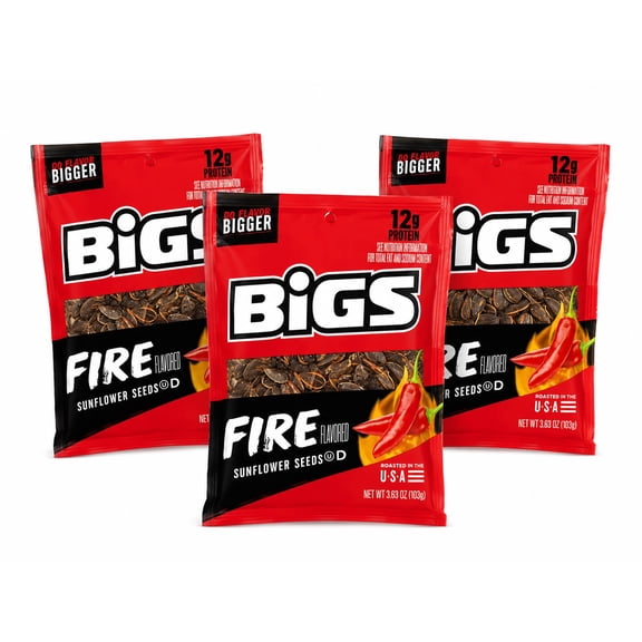 BIGS Fire Flavored Sunflower Seeds, Spicy Roasted Snack, High Protein, 3.63 oz Bags, 3 Pack