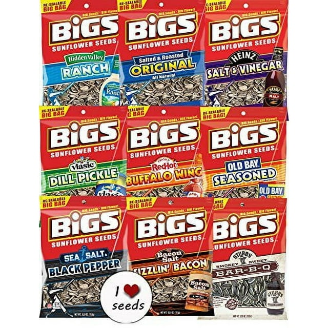 Bigs Sunflower Seed Flavor Variety Pack 9 bags (5.35oz each) with Bonus