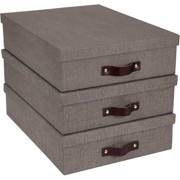 Bigso Box of Sweden Oskar Canvas Fiberboard Document Letter Box - File Organizer Box for Important Paperwork - Document Storage with a Lid & Handle - 3.3 in x 10.2 in x 13.8 in - 3 Pack - Grey