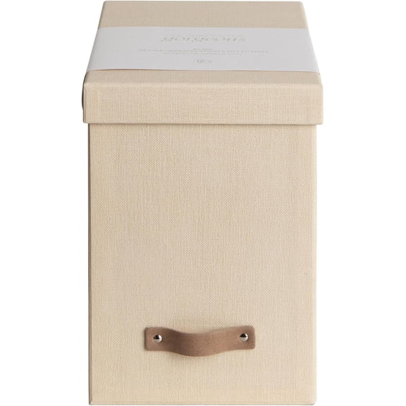 Bigso John File Box - File Storage Box and File Organizer for Important Paperwork - Durable Hanging File Box with Lid and Leather Handle - 7.36 in x 13.26 in x 10.51 in - Cream