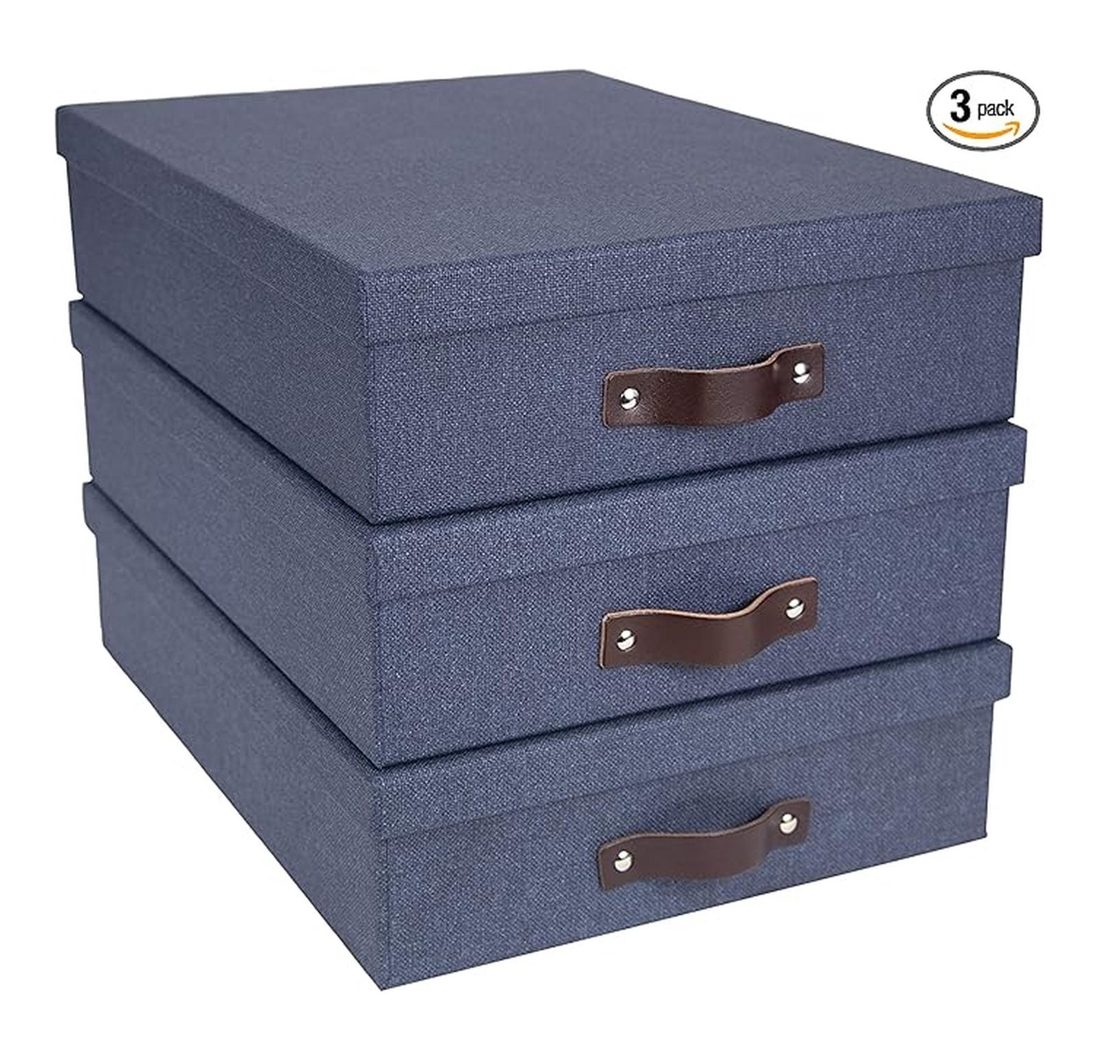 Bigso Oskar Canvas Fiberboard Document Letter Box - File Organizer Box for Important Paperwork - Document Storage with a Lid & Handle - 3.3 in x 10.2 in x 13.8 in - 3 Pack - Blue