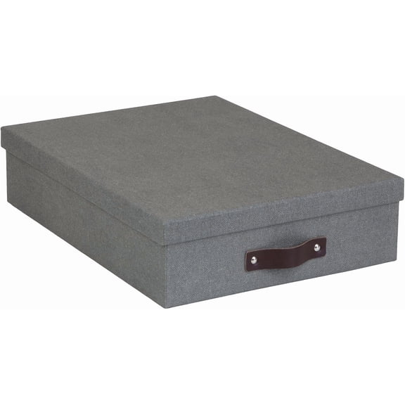 Bigso Oskar Canvas Fiberboard Document Letter Box - File Organizer for Important Paperwork Storage with a Lid & Leather Handle 3.3 in x 10.2 13.8 Gray