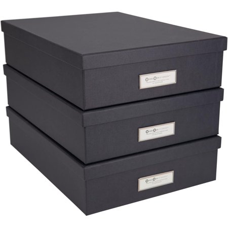 Bigso Oskar Fiberboard Label Frame Document Letter Box - File Organizer Box for Important Paperwork - Document Storage with a Lid & Label Window - 3.3 in x 10.2 in x 13.8 in - 3 Pack - Dark Grey