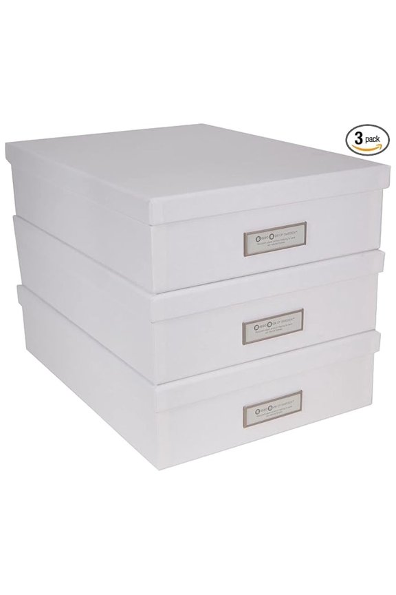 Bigso Oskar Fiberboard Label Frame Document Letter Box - File Organizer Box for Important Paperwork - Document Storage with a Lid & Metal Label Window - 3.3 in x 10.2 in x 13.8 in - 3 Pack - White