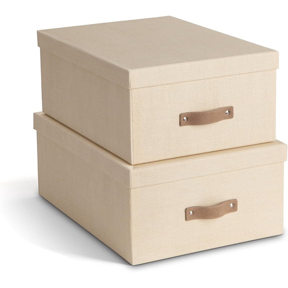 Bigso Ulrika 2 Storage Boxes w/Lid & Handle, (10.4 x 14.4 x 5.7) & (9.8 x 13.4 x 5.5)- Cream- Ballard