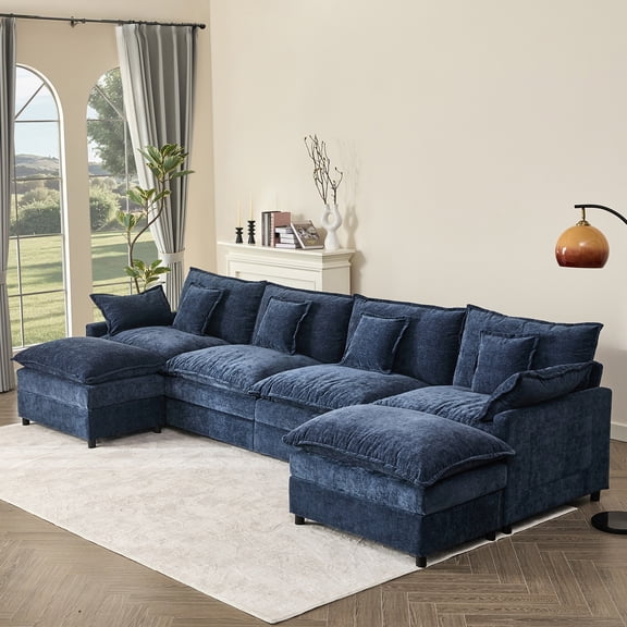 Bigsyy 4-Seater Sectional Sofa Bed, Cloud Couch for Adults, Chenille Fabric, Sleeper Sofa for Living Room, Blue