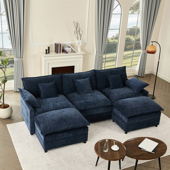 Bigsyy 3 - Seat Sectional Sofa Couch, Comfy Cloud Style, Deep Seat, Sleeper Function with Throw Pillows. Ideal for Adult - Occupied Living Rooms, Modern Design, Cozy Chenille, Navy