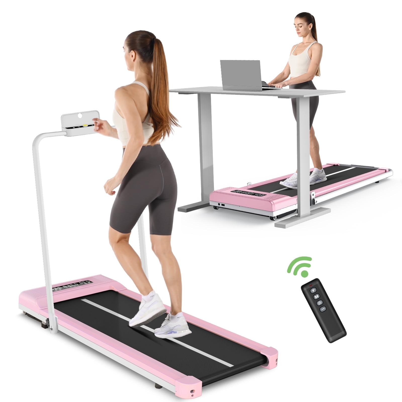 Bigzzia 2.5 HP Under Desk Treadmill 2 in 1 Folding Treadmill with Bluetooth Speaker Treadmills for Home Pink White