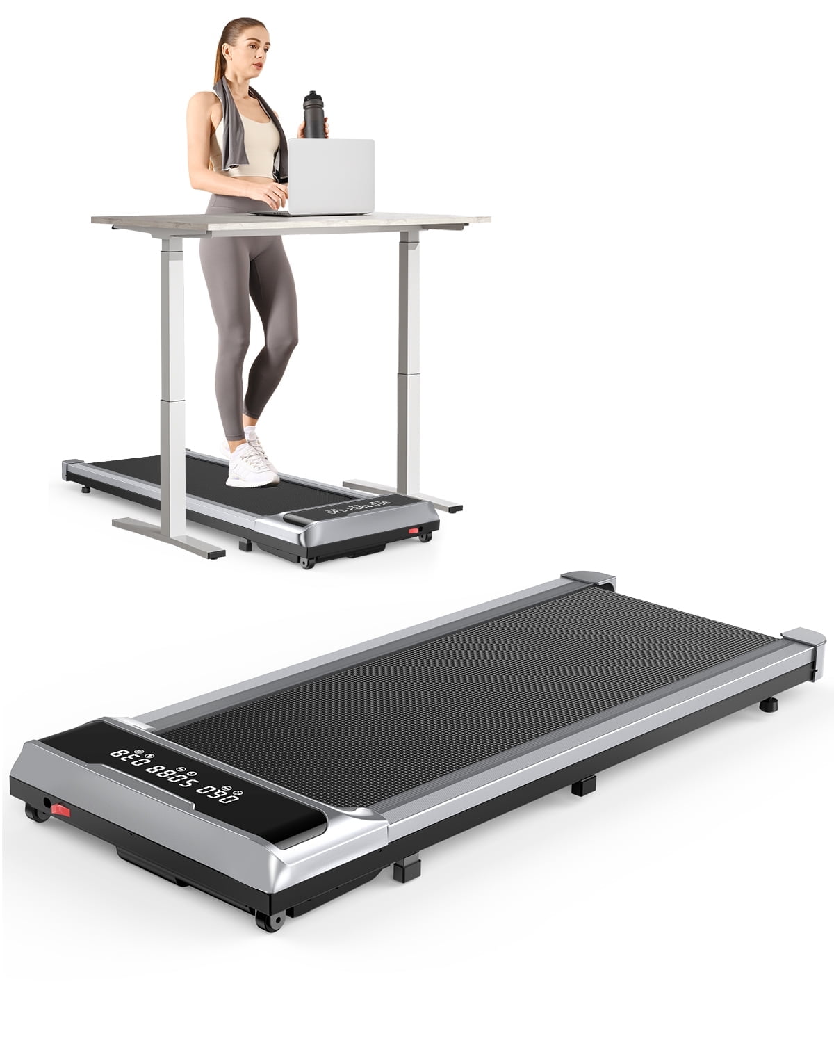 Bigzzia 2.5HP Brushless Motor Walking Pad Under Desk Treadmill with Super Large Display Portable Treadmill for Home Office Silver Walmart Business Supplies